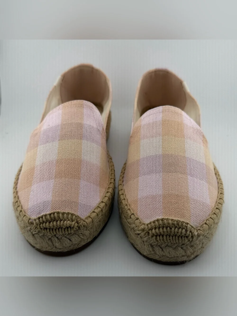 Soludos Pink and Tan Plaid Espadrille Slip-Ons